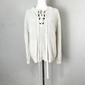 JOA Sweater Ivory Cream White‎ Lace Up Corset Grommet Boho Chunky Knit Sz Medium